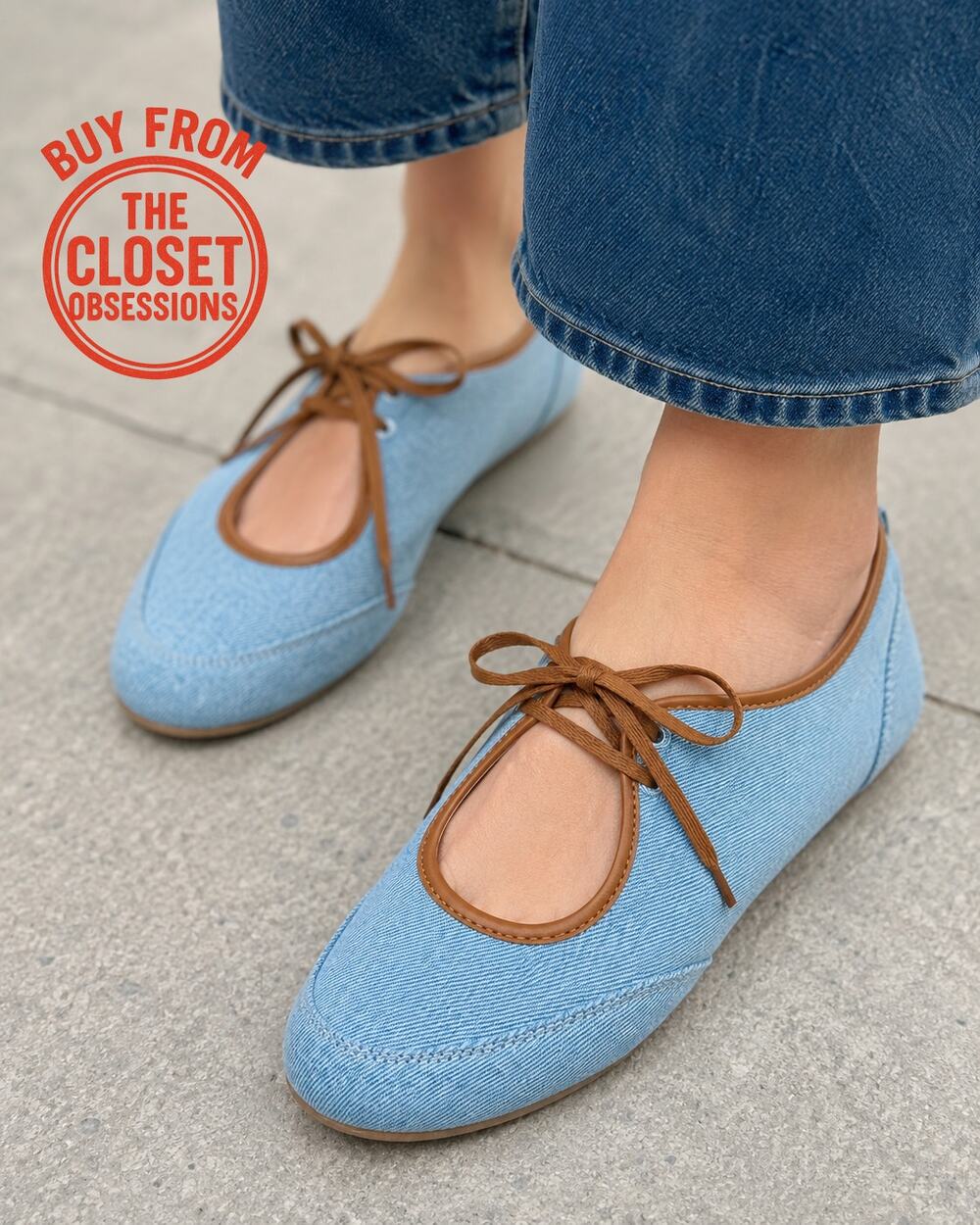 Zara NWT Denim Lace Up Ballet Flats Blue Brown 8 9